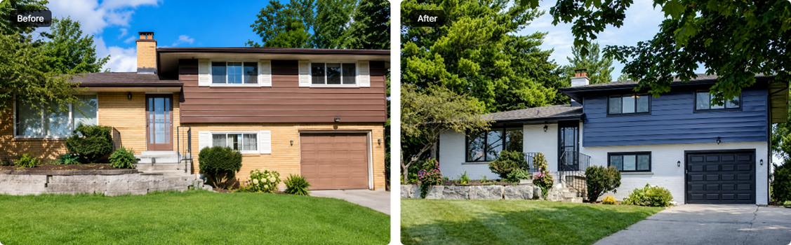 Before and after exterior painting project on a two-storey home with white brick and dark navy siding in Kitchener-Waterloo — completed by Enviro Painting