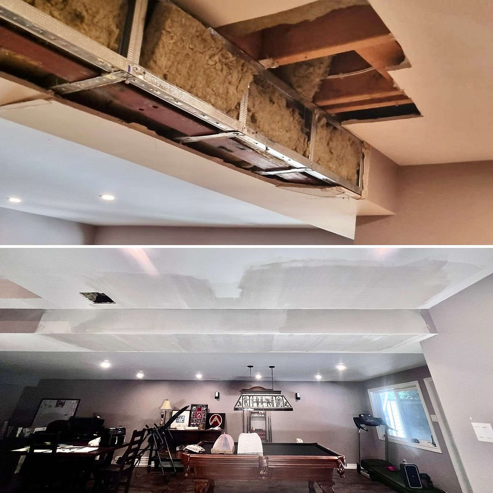 before and after images of a ceiling drywall repair, previously showing exposed insulation and metal