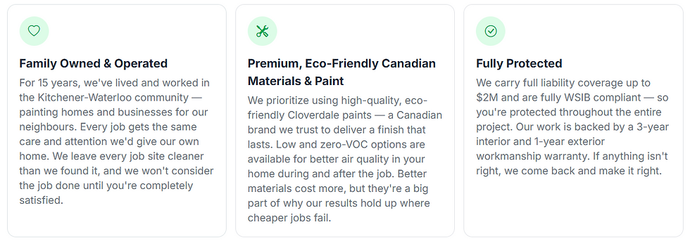 three trust badges: family owned and operated for 15 years, premium eco-friendly Canadian paints, and fully insured with WSIB compliance and a 1 and 3-year warranty for interior and exterior work