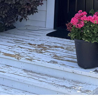 exterior house painting project in Kitchener-Waterloo: peeling white porch paint before repair