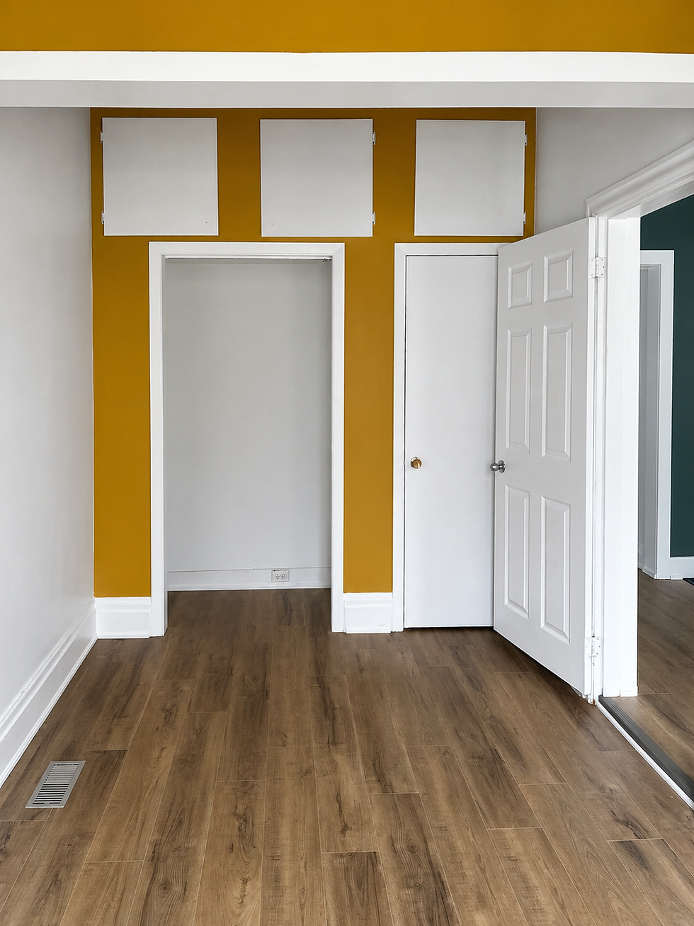 a closet and walls that feature a yellow accent wall and white walls