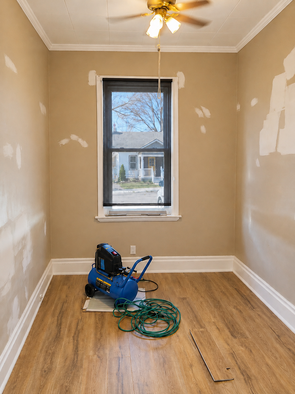 Empty room with patched and primed beige walls, spray compressor on the floor during painting prepar