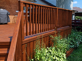 Freshly stained warm cedar deck and fence railing with green garden plants in the background