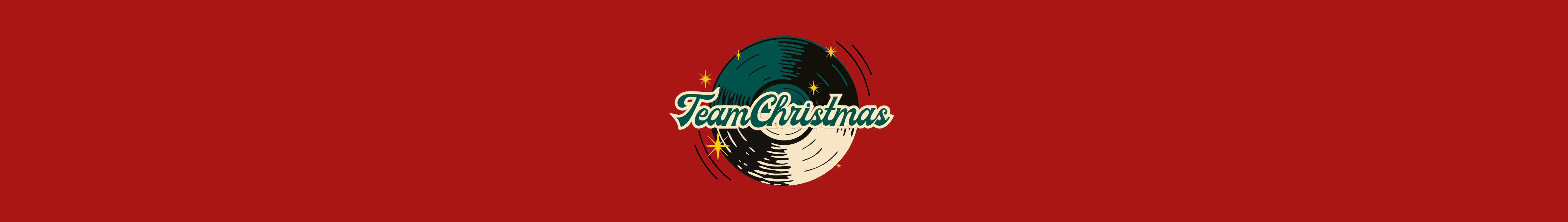Team Christmas logo with spinning vinyl and sparkling stars.