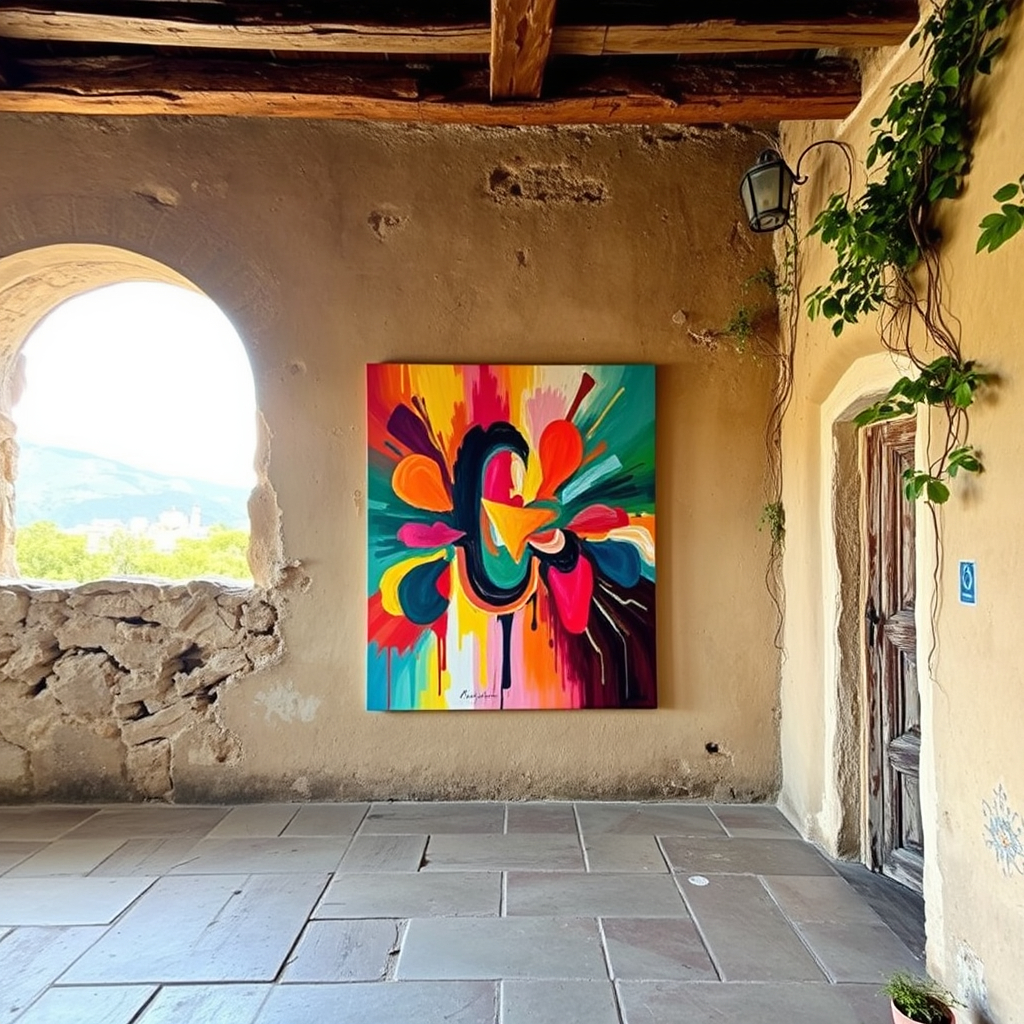 An colourful abstract art painting exhibited on a very old villa wall .jpg