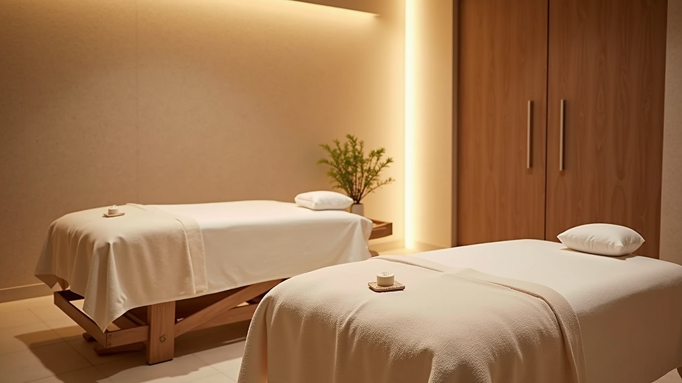 High angle view of a serene spa room with soft lighting and massage equipment