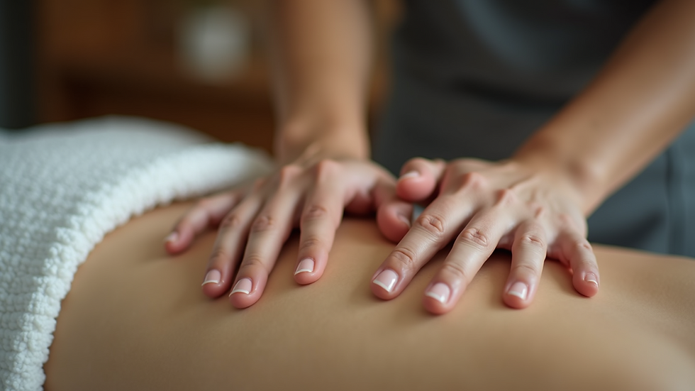 Close-up view of massage therapist applying pressure on a client's back