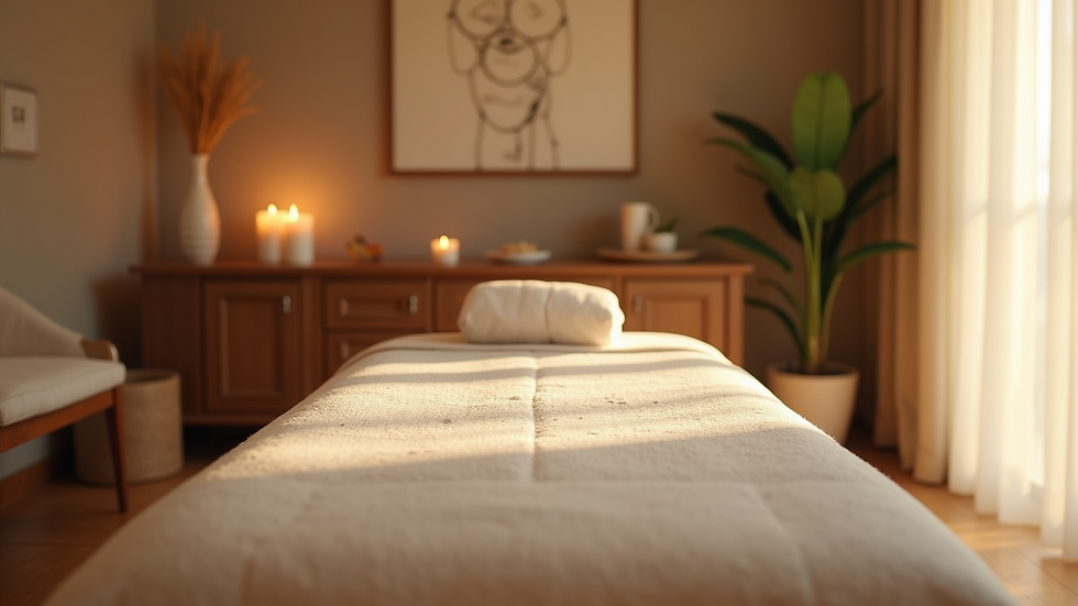 Eye-level view of massage room with calming decor and massage table