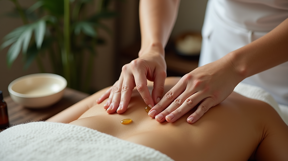 High angle view of massage therapist preparing oils and tools