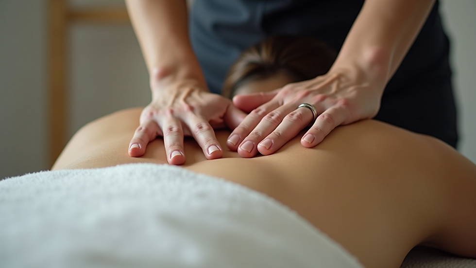 Close-up view of massage therapist applying pressure on back muscles