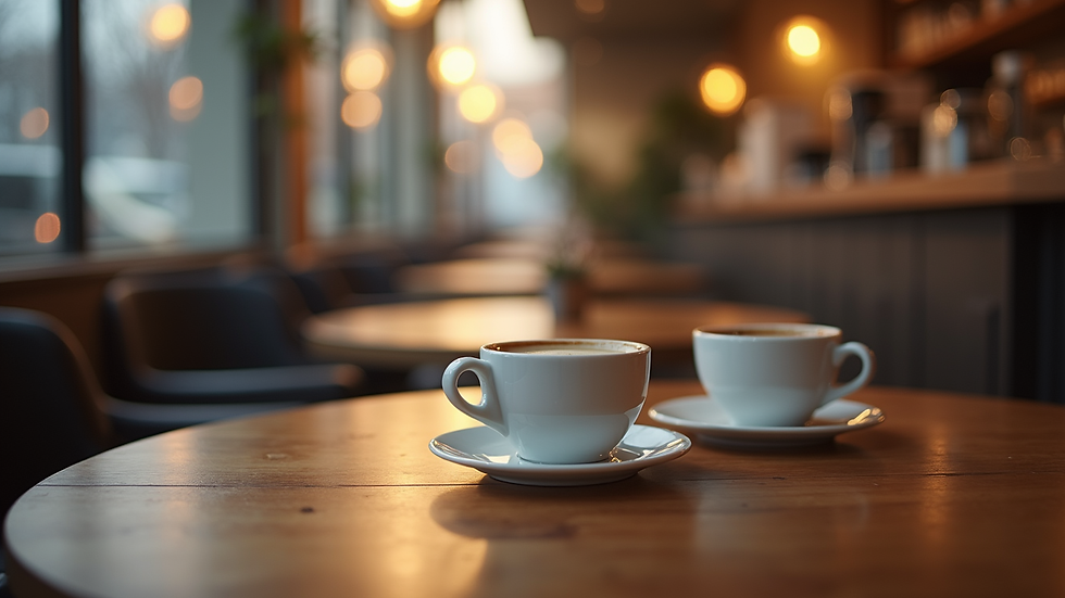 eye-level view of a cozy cafe table with two cups of coffee