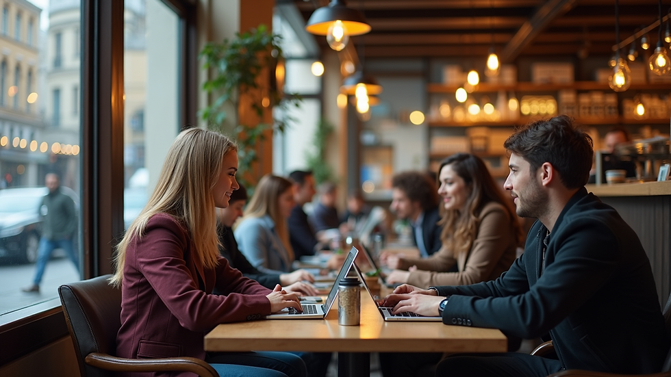 Eye-level view of a busy city cafe with people working on laptops