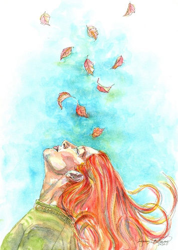 watercolour painting of a red-haired woman with head tilted upwards and autumn leaves falling towards her face