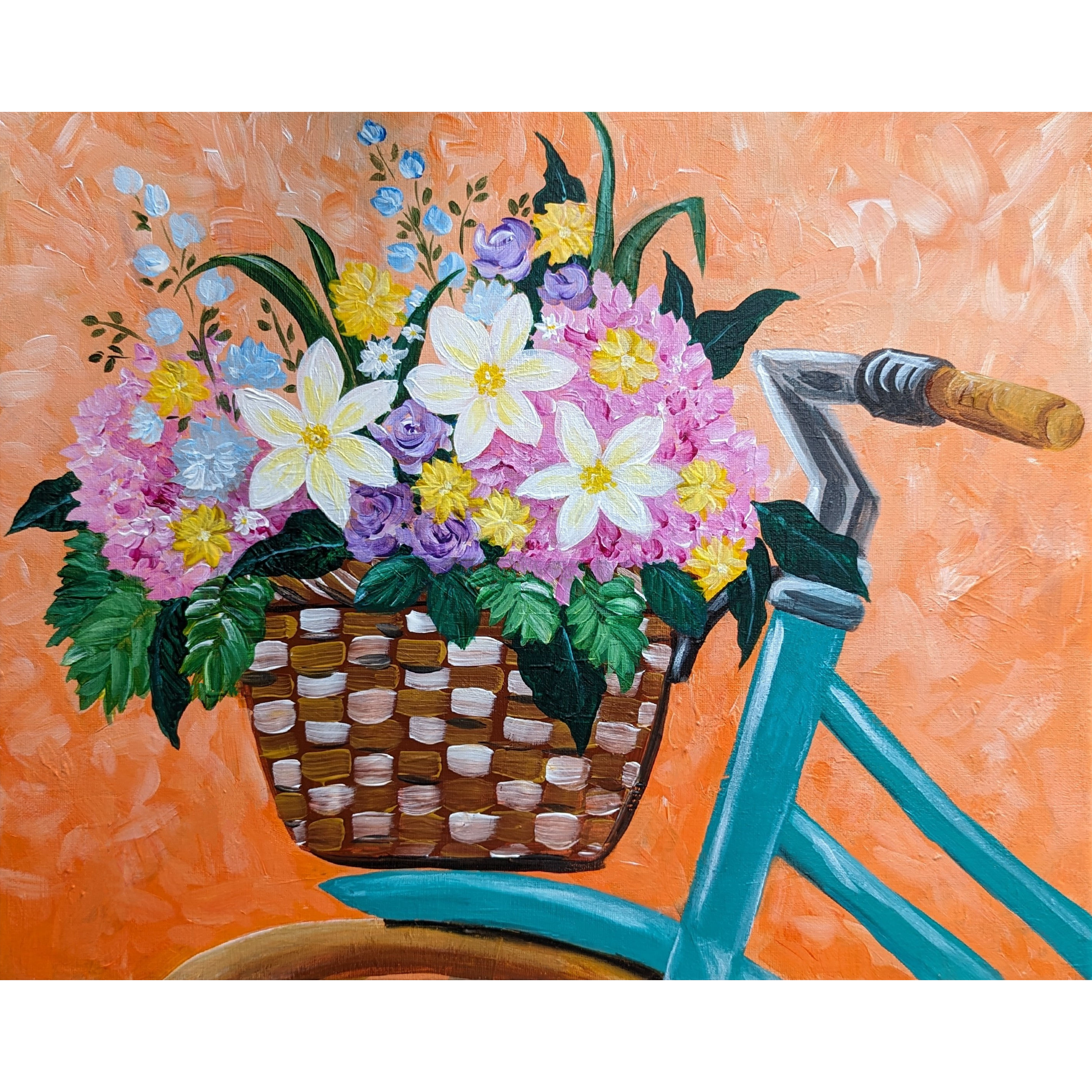 acrylic painting of flowers in basket on vintage bike