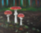 Acrylic painting of red mushrooms on the forest floor