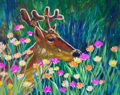 painting of a deer grazing among wildflowers - for painting class / paint and sip in Brisbane southside