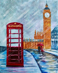 Acrylic painting  of a rainy London scene with a red telephone booth, Big Ben and a couple under an umbrella walking down the wet street.