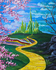 Painting of the land of Oz with the yellow brick road leading up to the Emerald city on a hill