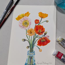 watercolour painting of different coloured poppies in a glass bottle