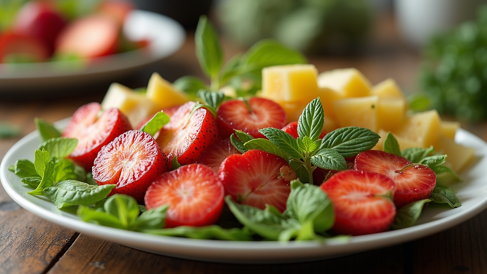Plano detalle de un plato saludable con frutas y verduras frescas