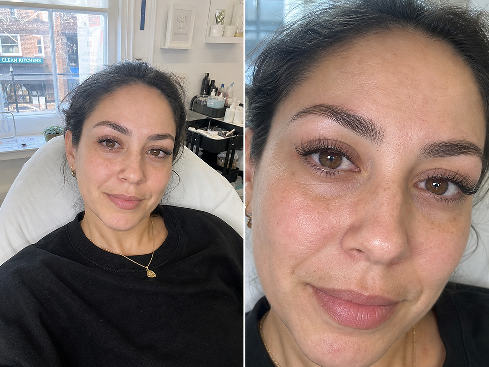 Two-panel realistic salon photo of a woman in a London lash studio after getting squirrel lash extensions. The left panel shows her reclining naturally in a treatment chair near a window in a real lash studio, and the right panel shows a close-up of her face and softly lifted lashes, with the longest point just before the outer corner and natural skin texture visible.