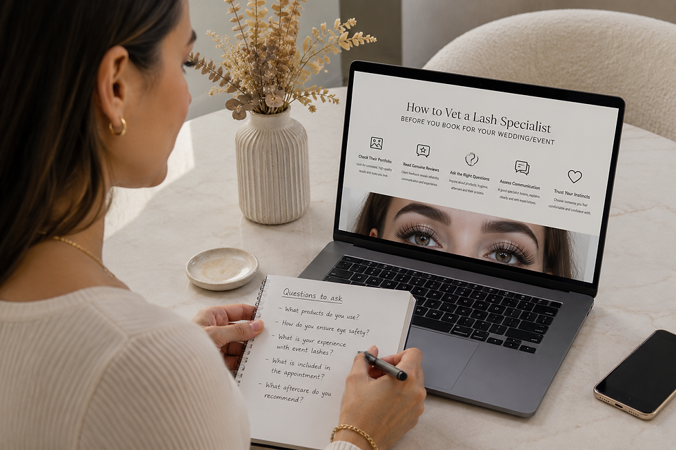A client reviews a lash specialist’s portfolio and notes questions before booking wedding or event lashes.