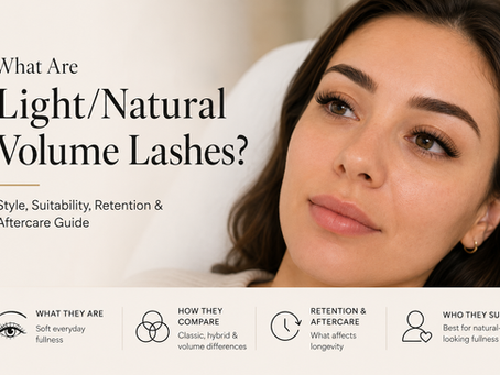 Editorial-style blog header showing a woman with soft light-volume lash extensions beside a title and summary sections about style, retention, aftercare, and suitability.