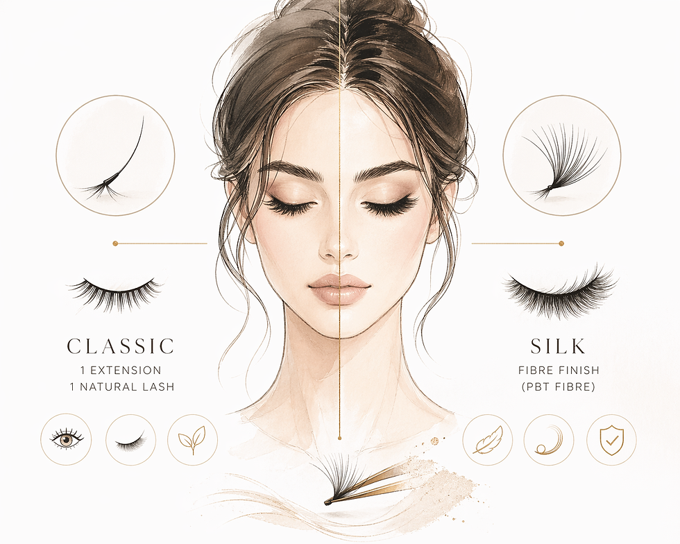Luxury minimalist beauty infographic showing lash-extension terminology as two separate ideas: classic as a 1:1 lash application technique and silk as a fibre finish/category, illustrated with elegant eye sketches, fine-line lash diagrams, and soft champagne-gold callouts on a clean neutral background. Based on the section explaining that “classic” and “silk” are not competing lash types but different categories