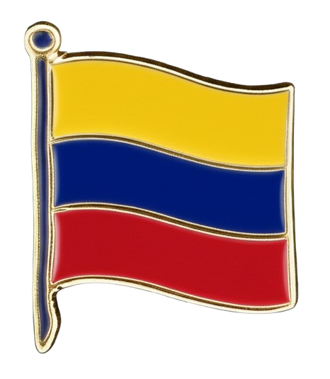Pin de solapa de metal esmaltado y borde dorado, representando la bandera de Colombia.