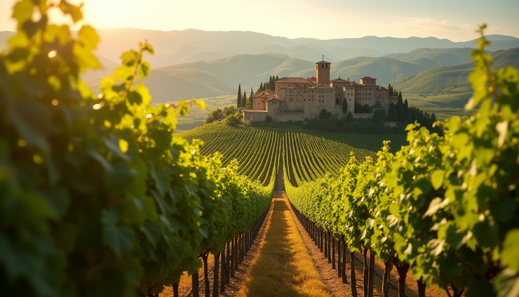 Eye-level view of rolling vineyards in Tuscany with medieval village in the background