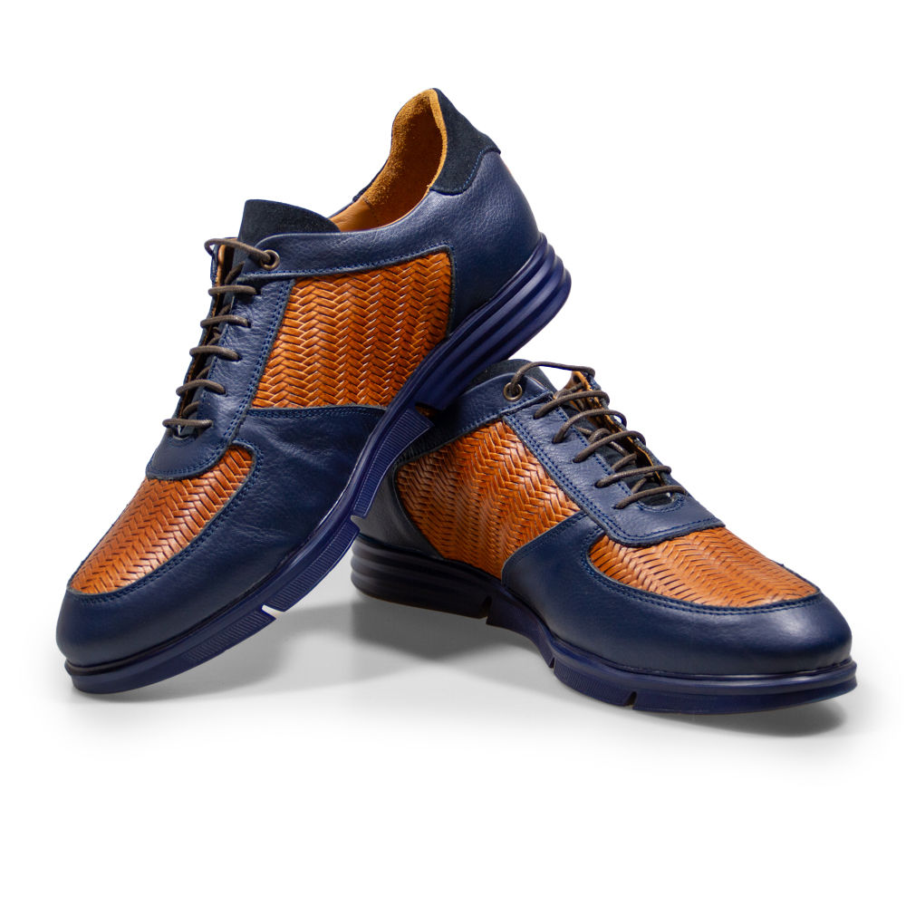 Linea Nostra Woven Leather Sneaker, Navy Blue & Cognac
