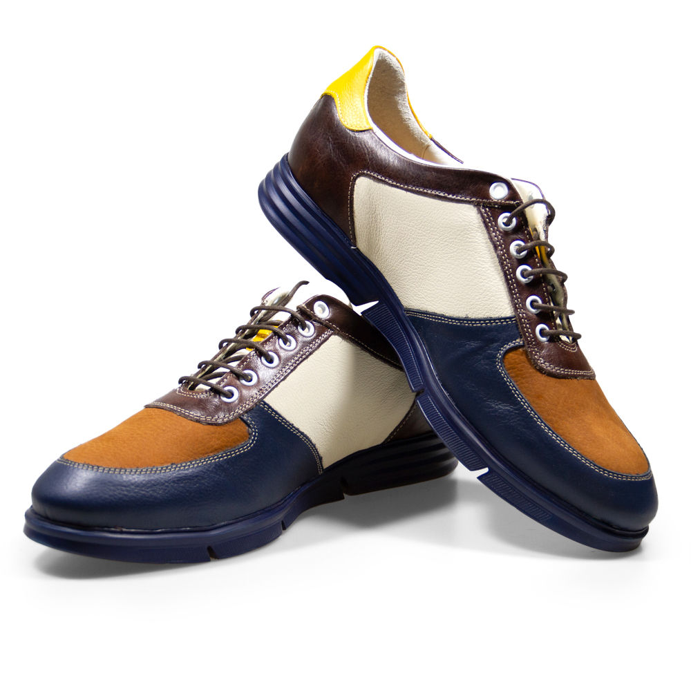 Italian Multicolor Leather Sneaker, Navy Blue, Cream & Cognac