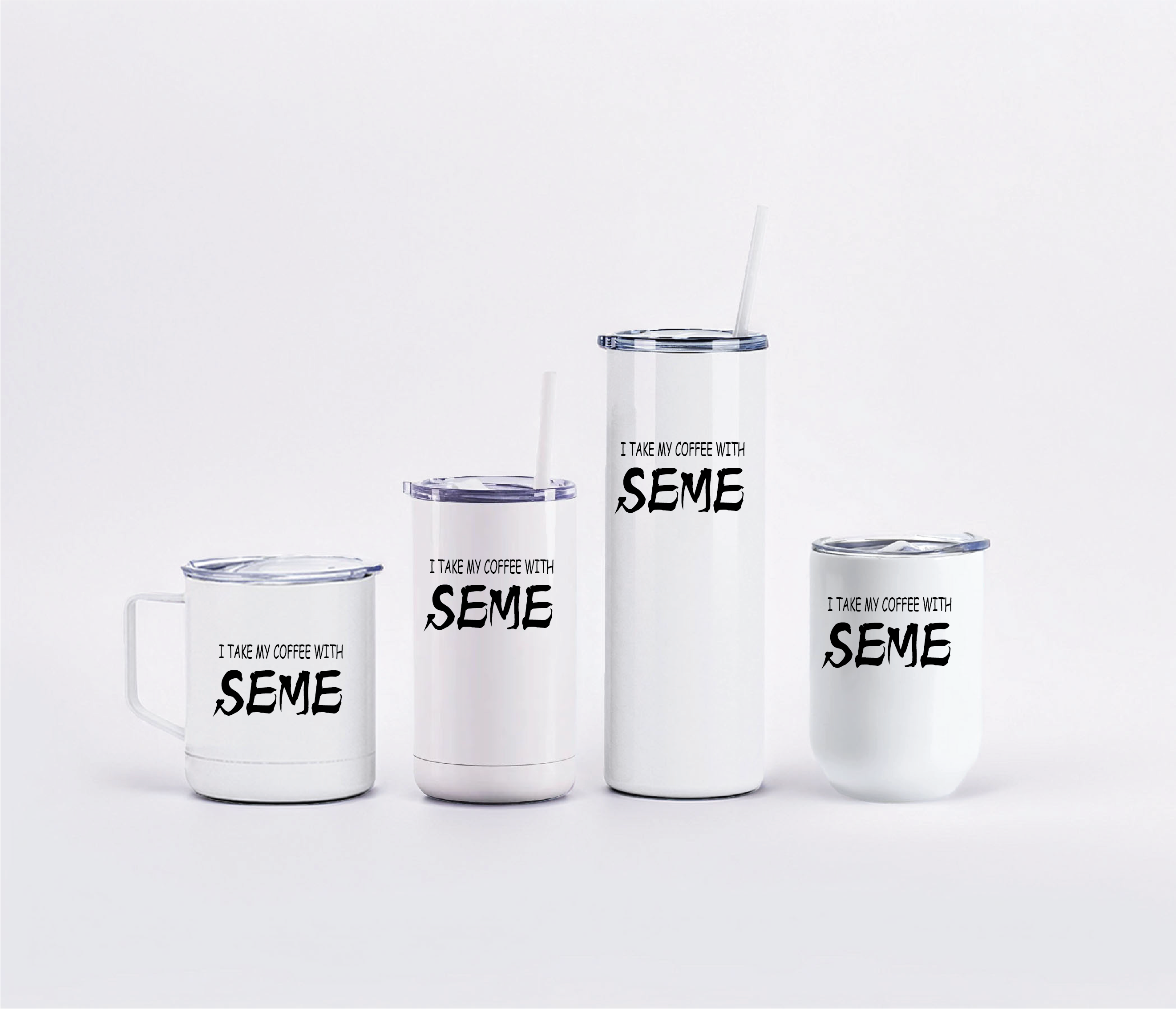 Four white "I take my coffee with SEME" tumblers