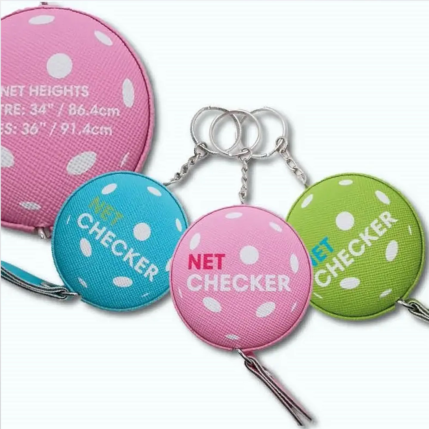 Several net checkers, with visible text: NET HEIGHTS, NET CHECKER. Racquet and Paddle Gifts.