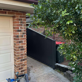 Monument Colorbond fence selected to complement darker tones within mixed brick home facade.