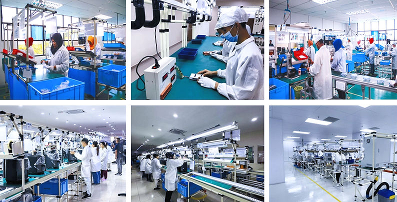 Technicians performing ultrasonic welding, robotic spray painting, and powder coating on manufactured parts; examples of single- and multi-color printing, silk screening, and assembly lines for sub-assembly and full assembly (EMS, OEM, ODM, Box Build) in a modern factory setting