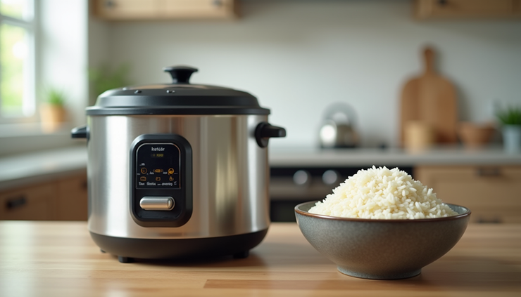 Eye-level view of a modern rice cooker on a kitchen countertop with a bowl of cooked rice beside it