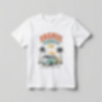 White t-shirt with a camper van design on a tropical beach