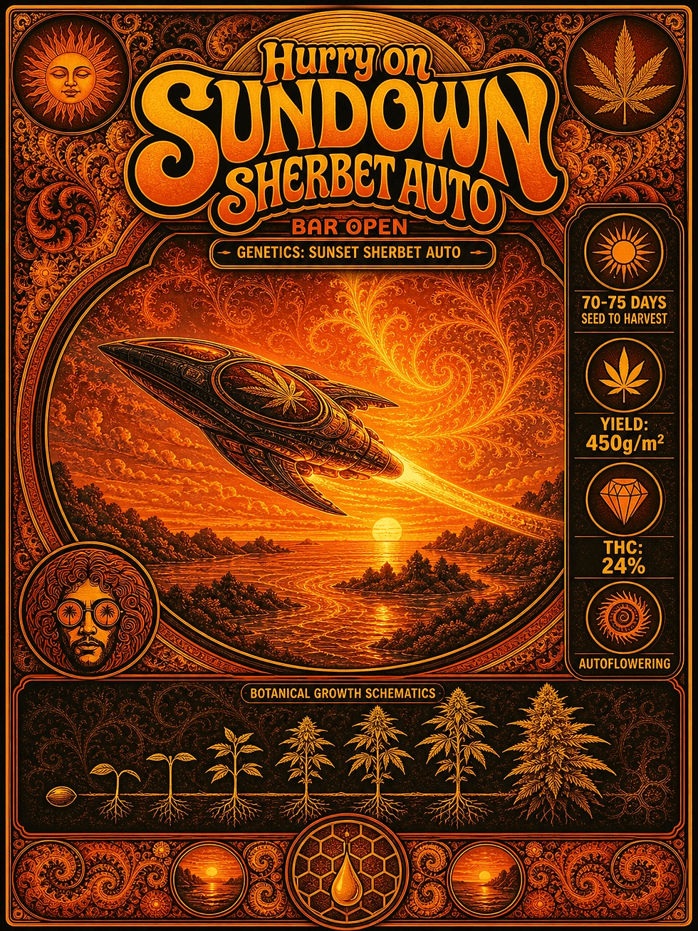 spaceship travelling away from a cosmic sunrise with trippy artwork