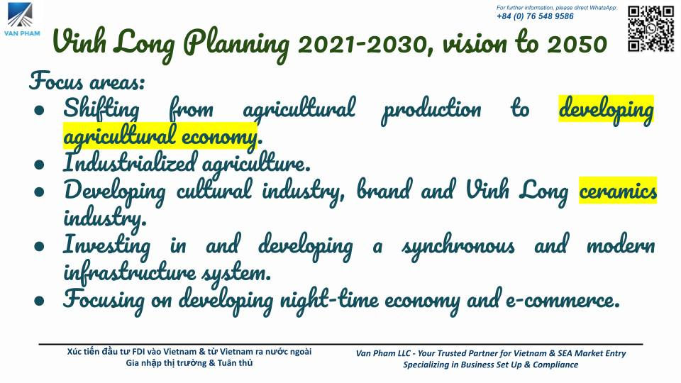 An infographic depicting Vinh Long's development plan for 2021-2030, with a vision to 2050. The graphic showcases the key focus areas, including the transition from agricultural production to an agricultural economy, industrialized agriculture, the development of cultural industries, Vinh Long ceramics, modern infrastructure, night-time economy, and e-commerce.