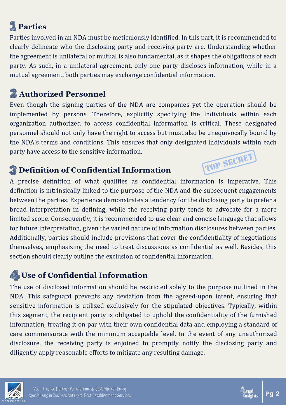 Diagram showing the first four key elements of a Non-Disclosure Agreement: 1) Parties involved, 2) Authorized personnel, 3) Definition of confidential information, and 4) Use of confidential information. The elements are connected by arrows, symbolizing their interdependence in creating a robust NDA.