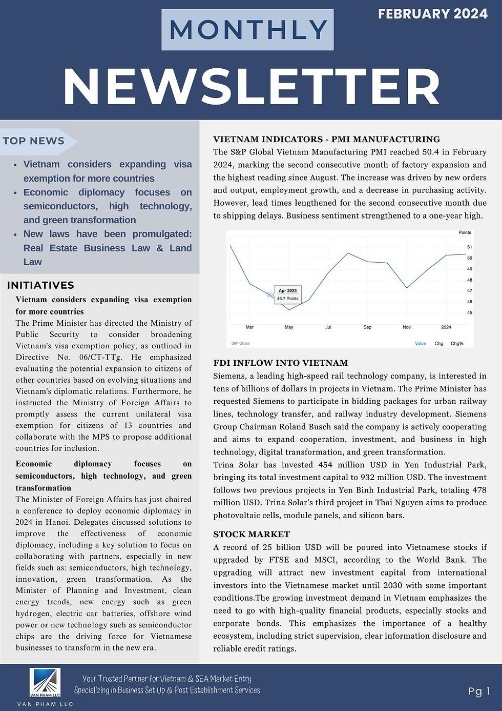 Vietnam is considering expanding visa exemption for citizens of 13 countries to boost tourism. The government is also focusing on economic diplomacy in 2024, with an emphasis on semiconductors, high technology, and green transformation. The manufacturing PMI reached 50.4 in February, indicating factory expansion driven by new orders, output, and employment growth. Siemens and Trina Solar have shown interest in investing billions of dollars in high-speed rail and photovoltaic projects, respectively. The Vietnamese stock market is expected to attract a record 25 billion USD if upgraded by FTSE and MSCI, highlighting the need for a healthy ecosystem with strict supervision, clear information disclosure, and reliable credit ratings.