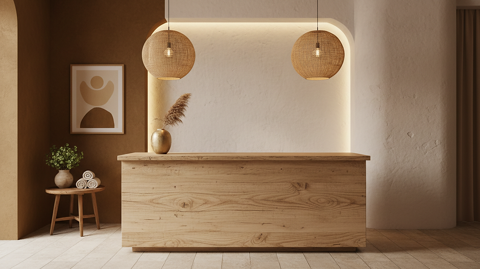 Close-up view of a minimalist beauty salon reception area with natural wood and soft lighting