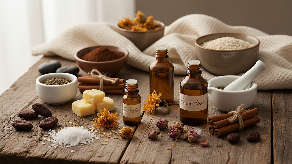 Close-up view of natural skincare ingredients arranged on a wooden table