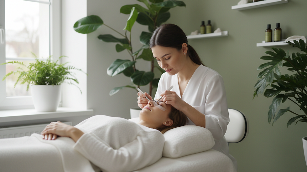 Eye-level view of a lash technician applying volume lash extensions