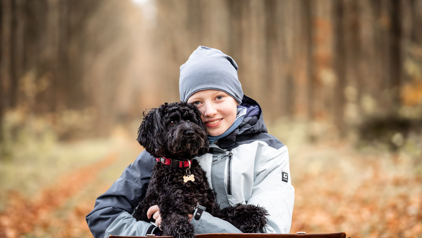 hund und kind im wald fotografie