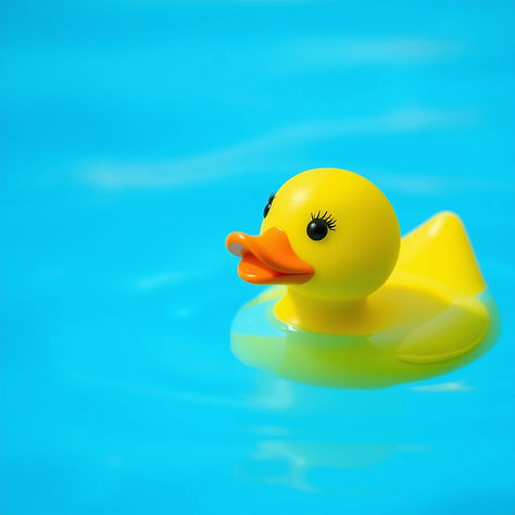 yellow rubber duck with eyelashes in blue water.jpg