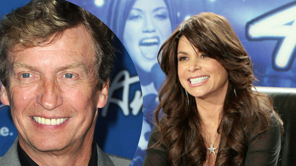 Nigel Lythgoe posing for cameras on red carpet; Paula Abdul judging on American Idol