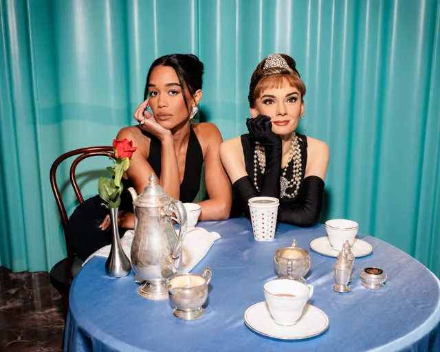 Laura Harrier with Audrey Hepburn Wax FIgure [Photo Courtesy: Yvonne Tnt, BFA.com]