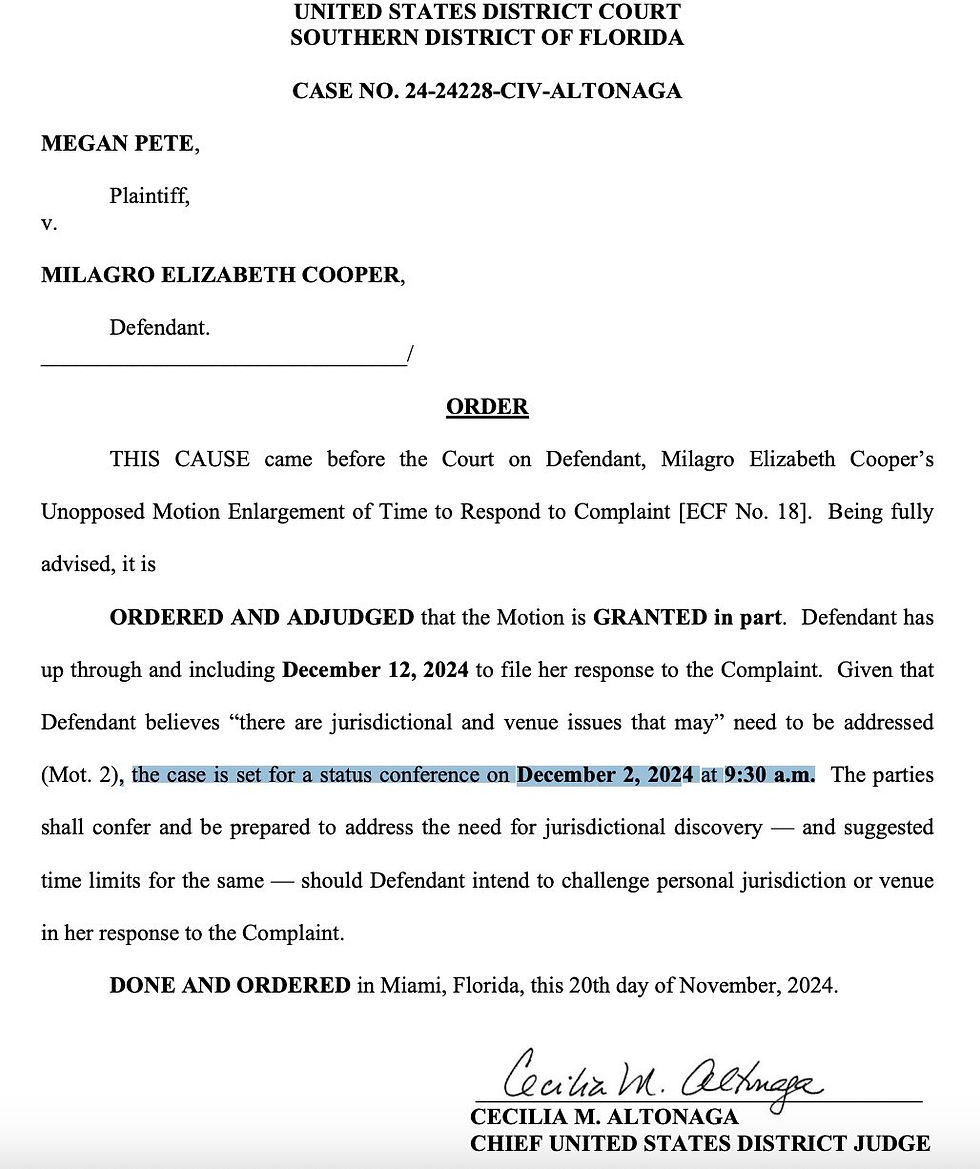 Southern District of Florida Court approves Milagro Cooper's lawyer's request for more time